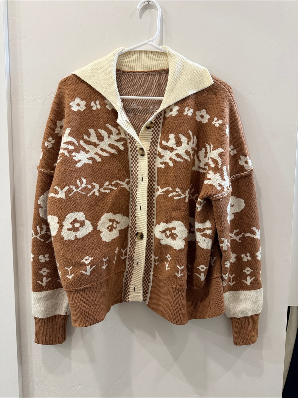 Amazon Brown and Cream Floral Knit Button-Front Cardigan